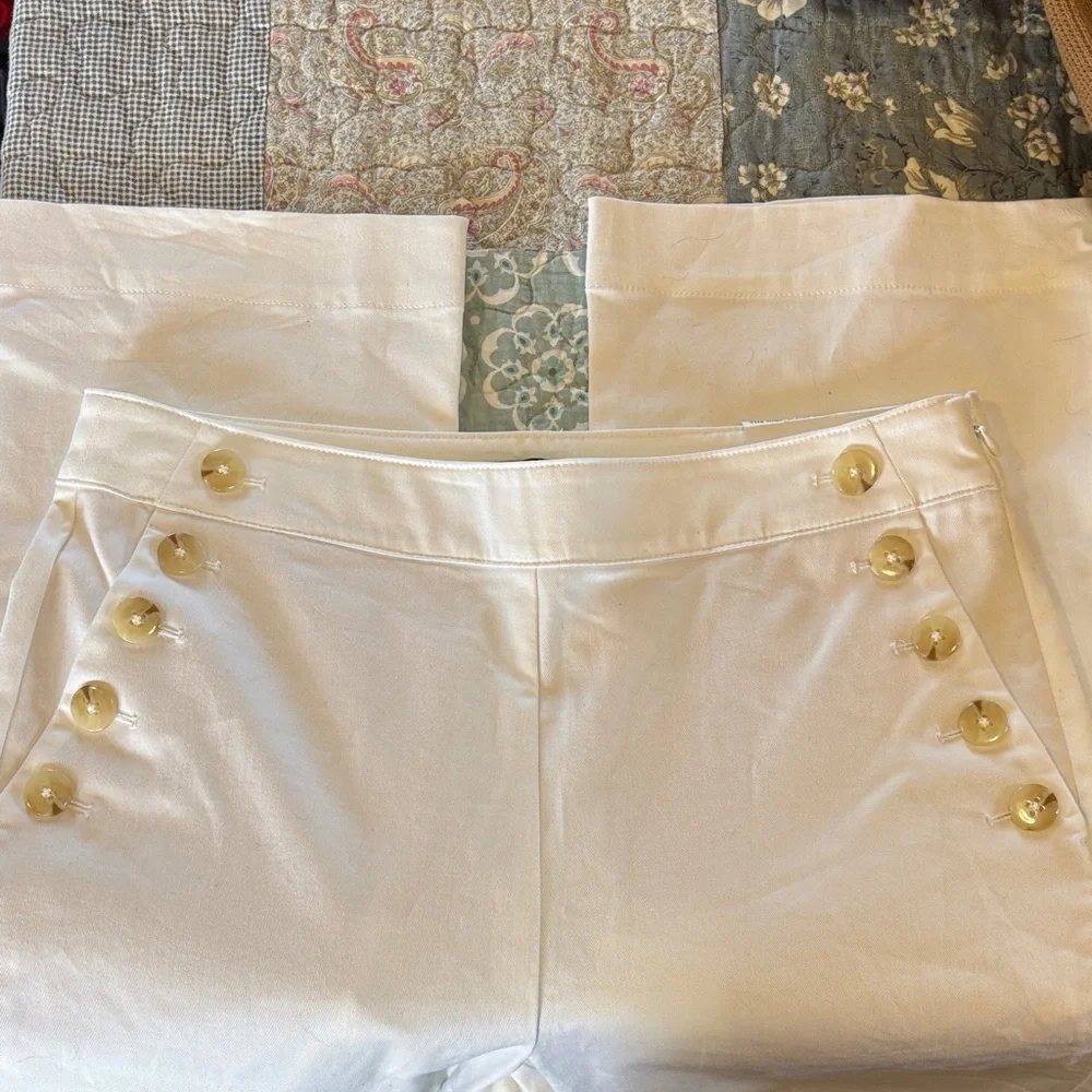 Ann Taylor Factory White Sailor-Inspired Straight Leg Trousers with Gold Buttons - Picture 3 of 4